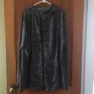 Black hooded workout jacket.